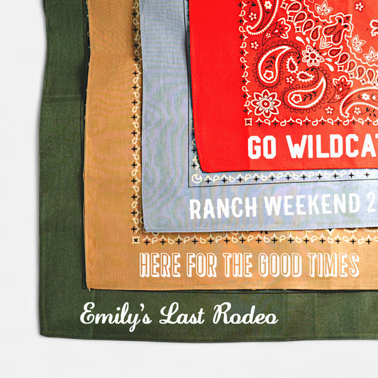 Collection of bandanas with text and designs on a white background