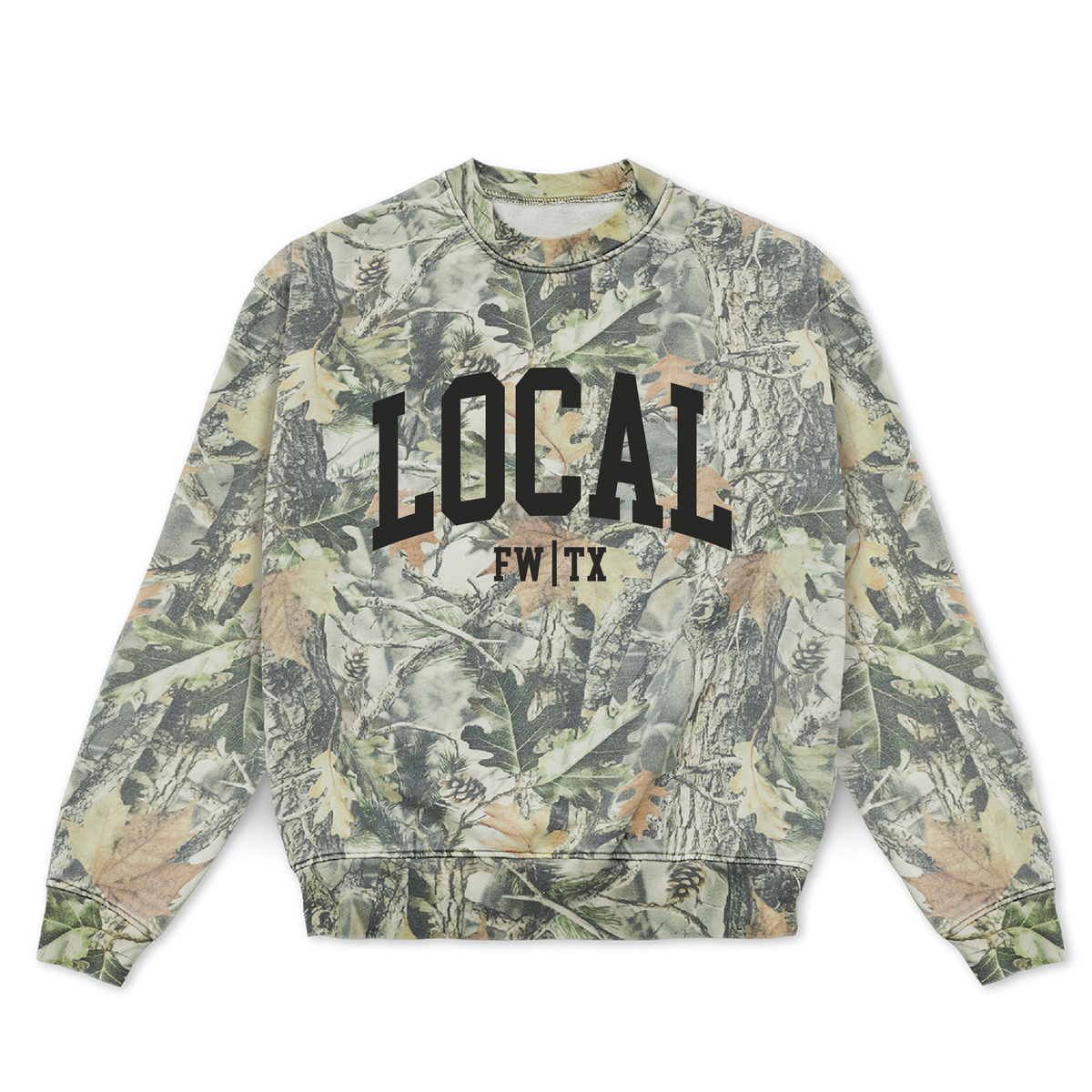 Oversized woodland camo heavyweight crewneck sweatshirt with custom vintage black LOCAL collegiate lettering and FW TX secondary text