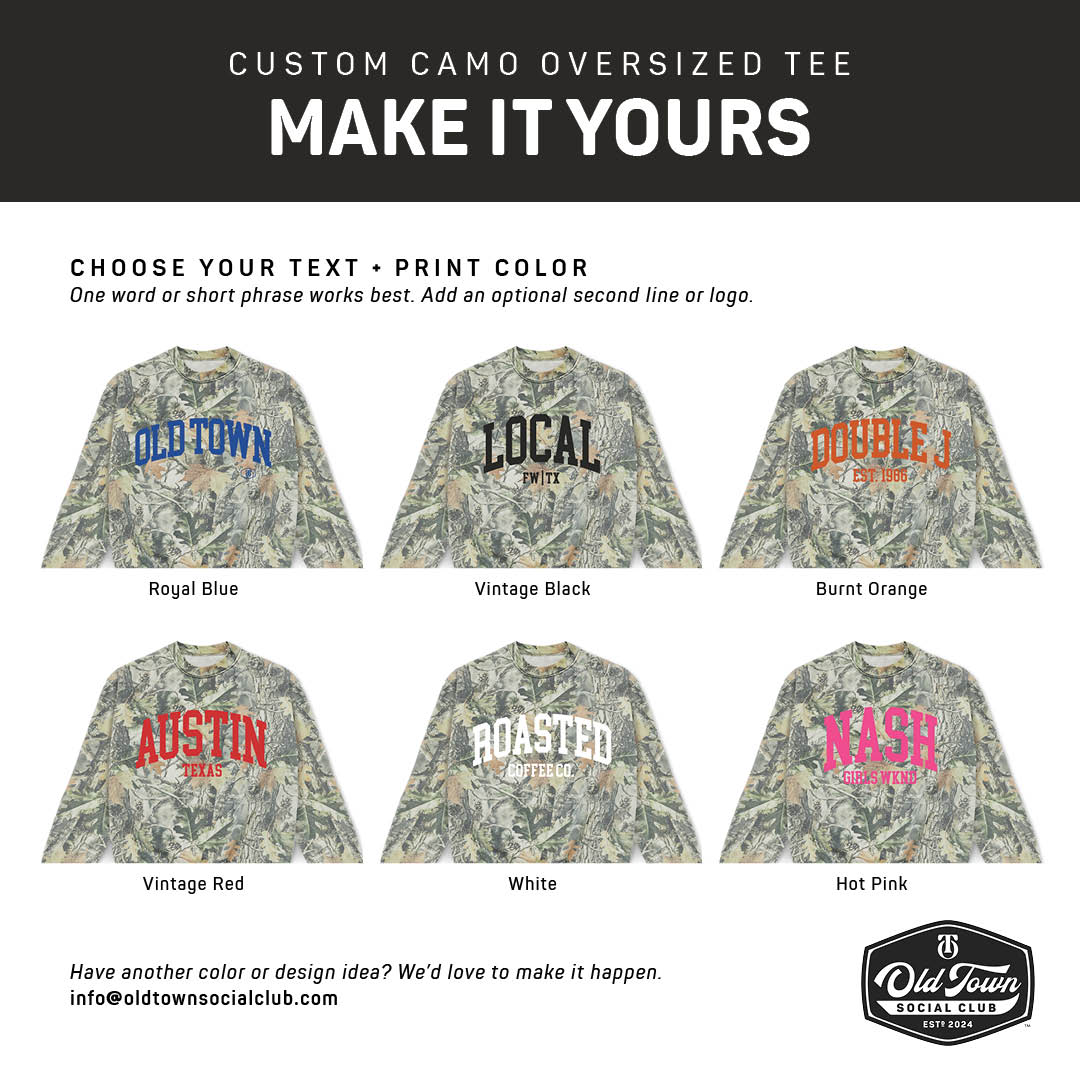 Custom woodland camo heavyweight crewneck sweatshirt personalization examples showing collegiate text and multiple print color options