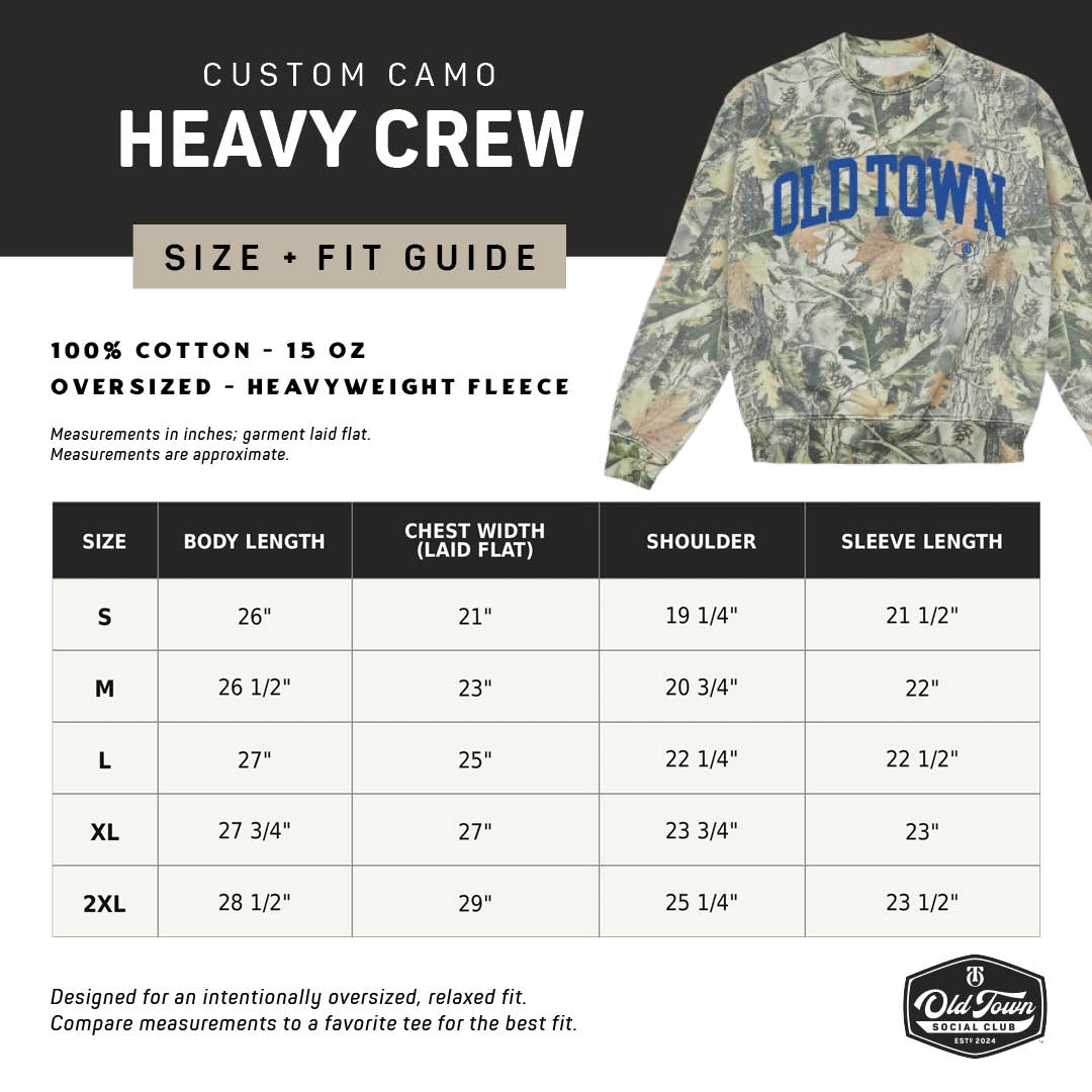 Custom woodland camo heavyweight crewneck sweatshirt size and fit guide with measurements for sizes S through 2XL