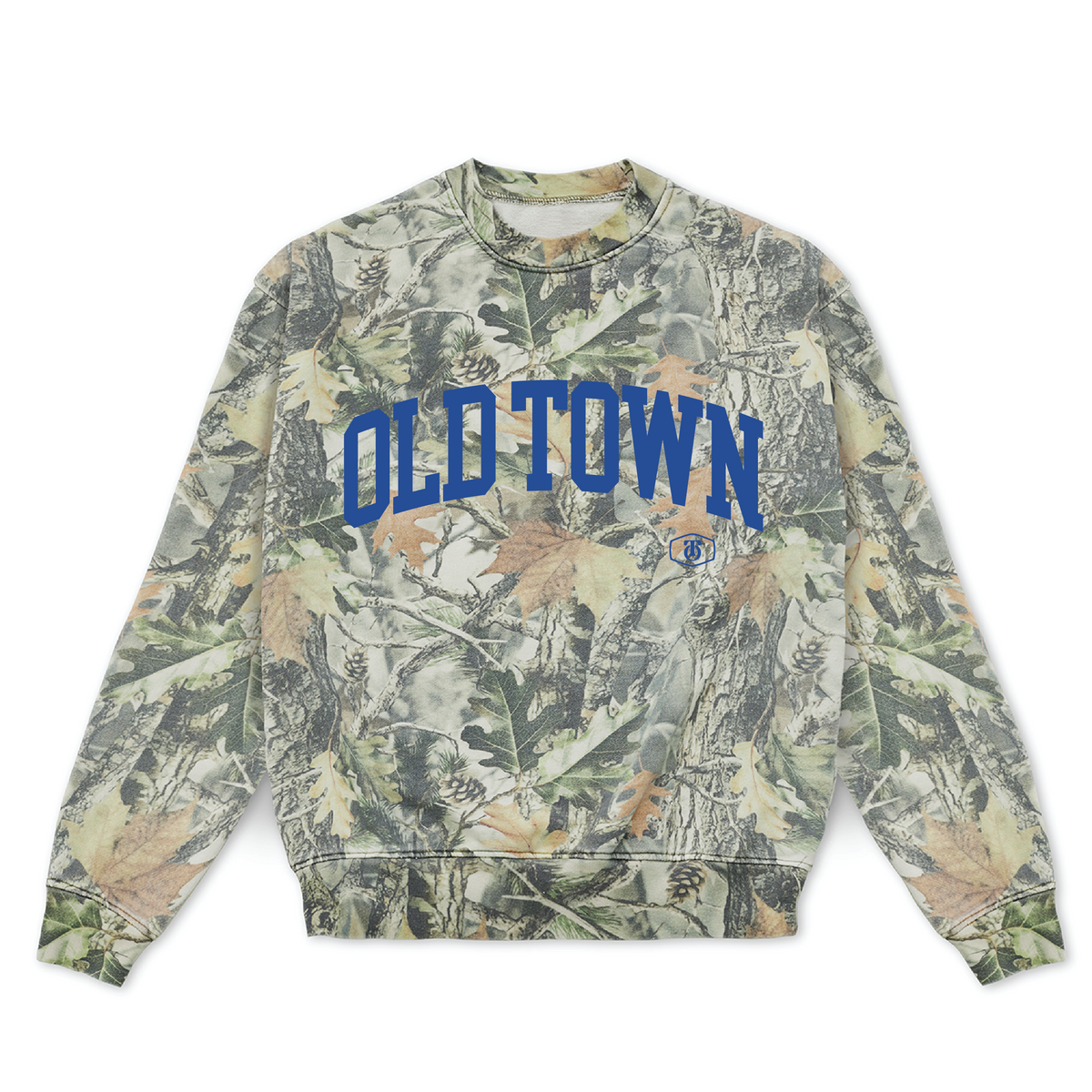 Oversized woodland camo heavyweight crewneck sweatshirt with custom royal blue OLD TOWN arched collegiate lettering and secondary logo