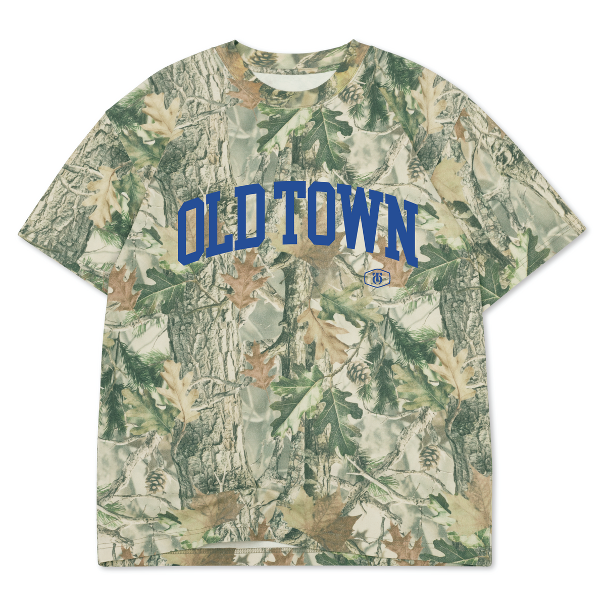 Oversized woodland camo t-shirt with custom royal blue arched OLD TOWN collegiate lettering and secondary logo