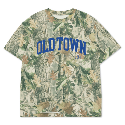 Oversized woodland camo t-shirt with custom royal blue arched OLD TOWN collegiate lettering and secondary logo